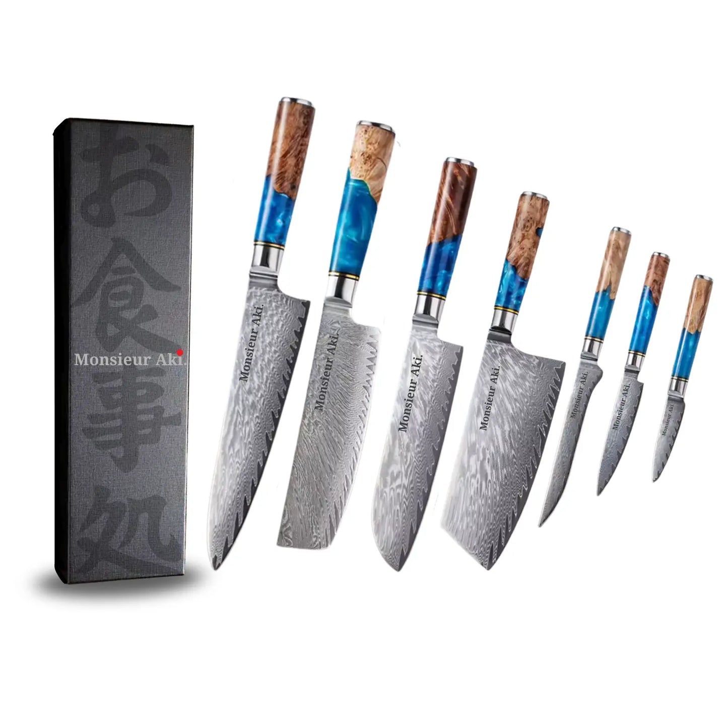 Set de 7 couteaux japonais Monsieur Aki – Kyoto - Acier Damas
